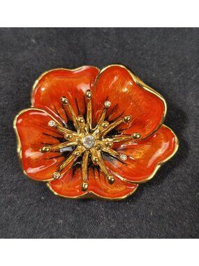 Monet Gold-Tone Red Enamel Flower Brooch Rhinestones Vtg Jewelry Original Box